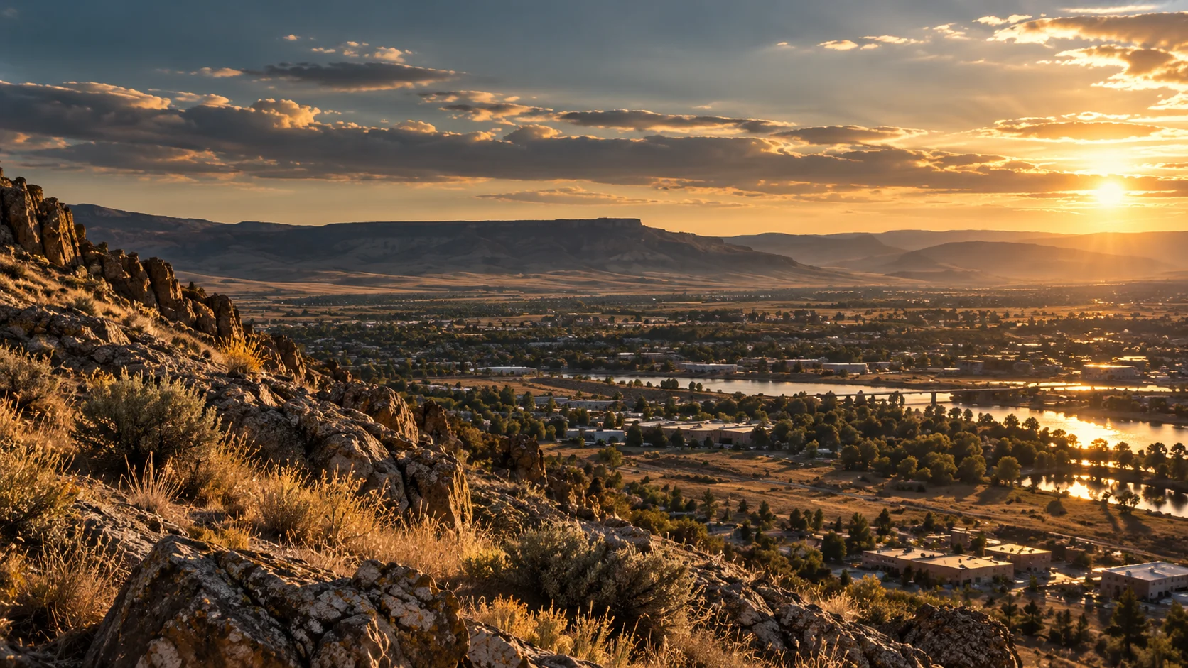Golden-hour view across Casper and the surrounding valley
